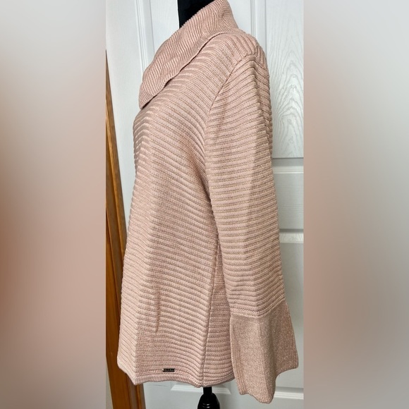 Calvin Klein cowl neck ribbed shimmer sweater with bell sleeves large - Picture 2 of 8